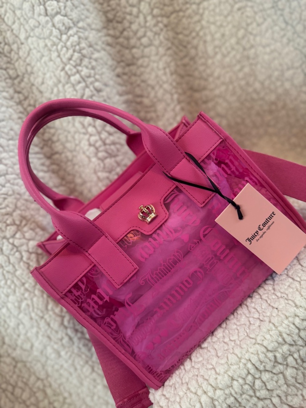 NWT Juicy Couture Hot Pink Transparent Mini Tote with Gold Crown